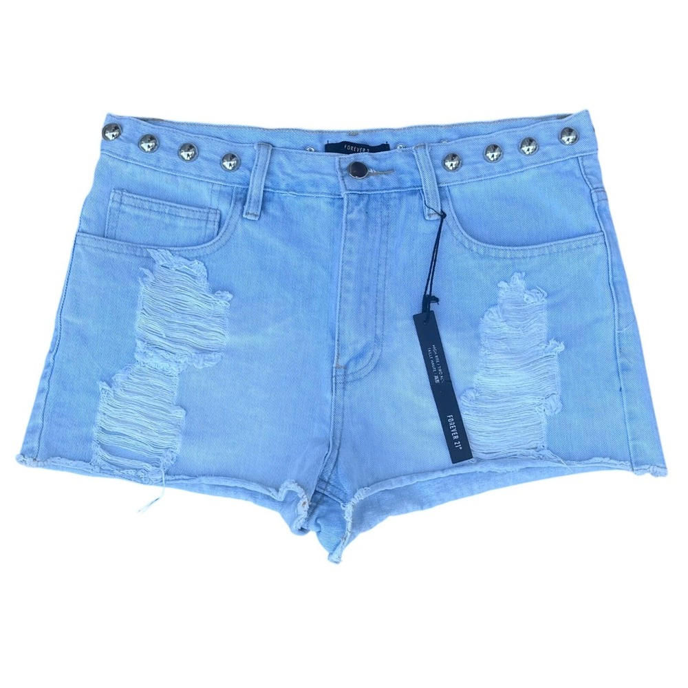 NWT Forever 21 High Rise Distressed Denim Shorts Light Wash Studded Waist sz 29